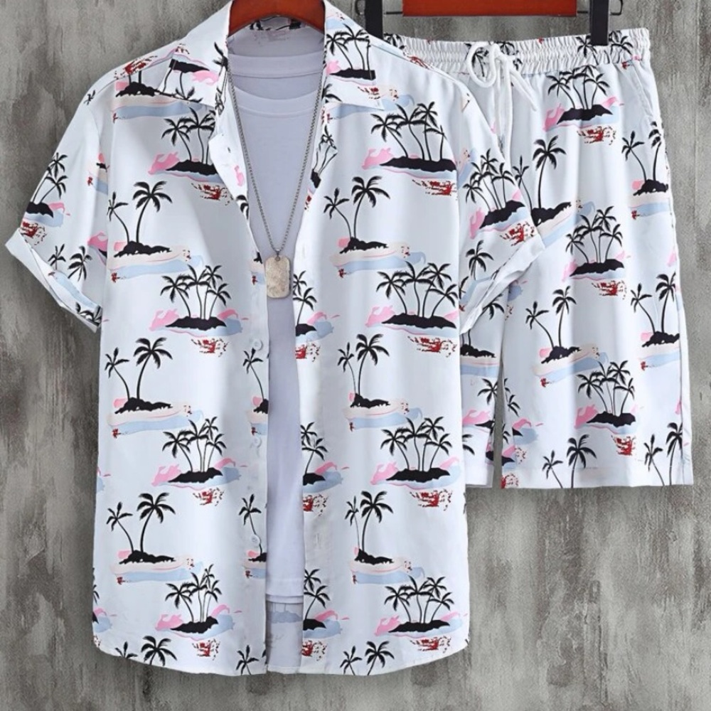 Men Random Palm Tree Print Shirt & Drawstring Waist Shorts
Without Tee